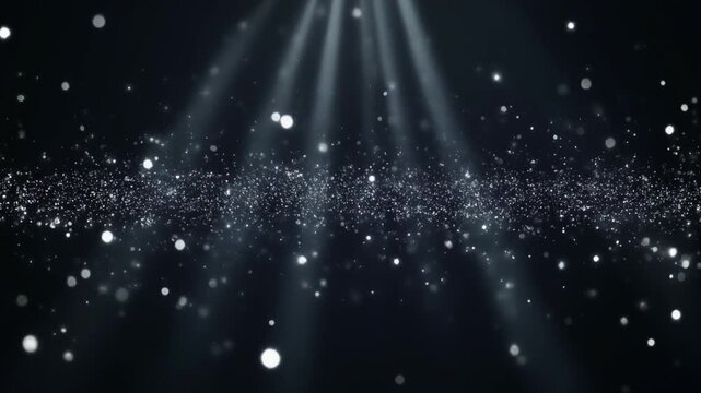 Ultra fine platinum metallic dust drifting through deep matte black background with soft volumetric light, shimmering reflections, cinematic depth and premium luxury branding aesthetic.