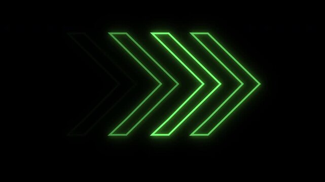 Green neon glowing arrows moving right in sequence on black