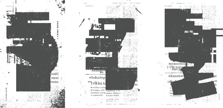 Dark gray abstract shapes obscuring text on aged paper backgrounds