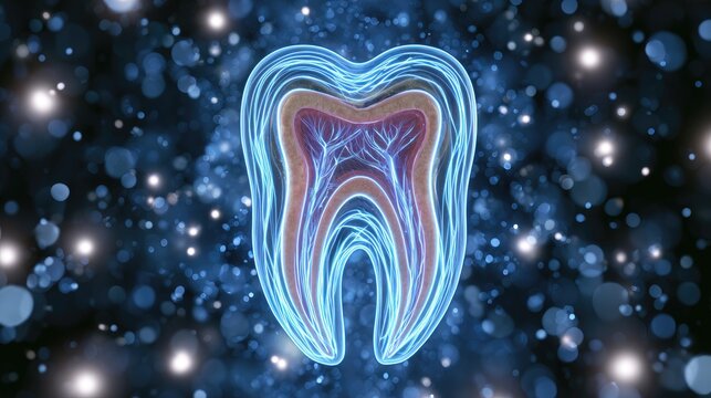 Glowing abstract anatomical tooth cross-section with inner details highlighted