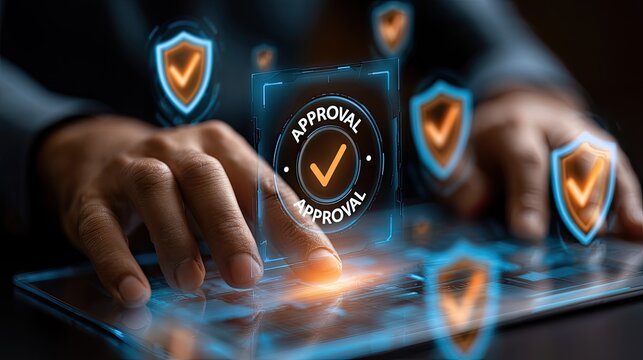 Digital interface displays glowing shields and "approval" circles