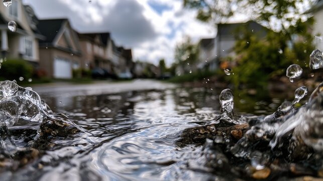 Water splashes and ripples in a street after rain, suburban homes blurred