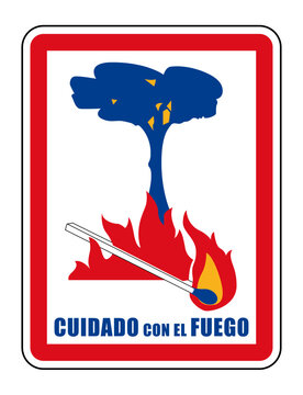 Se&ntilde;al de precauci&oacute;n con el fuego, pino y cerilla encendida, icono vectorial de prevenci&oacute;n de incendios forestales