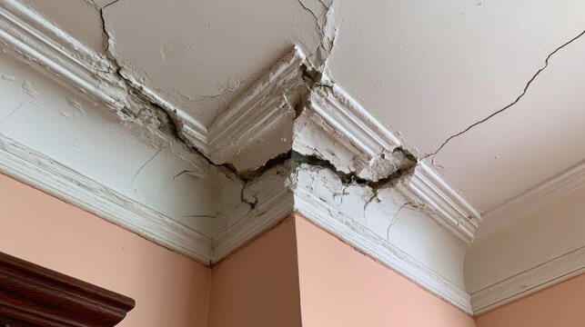 Deep cracks and crumbling plaster reveal severe structural damage at the ceiling's edge