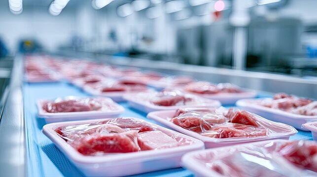 Rows of packaged meat products move along a conveyor belt in a processing plant