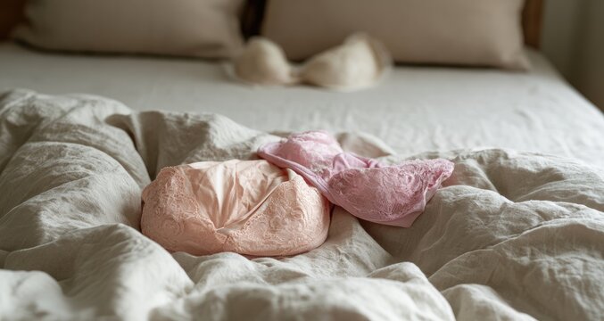 Soft, rumpled intimates in pastel hues rest on a rumpled linen bed