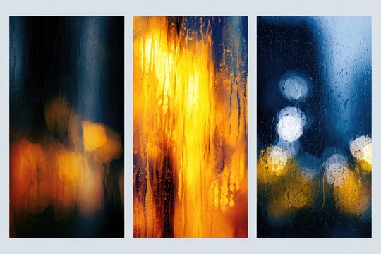 Three abstract panels of blurry lights seen through rain-streaked glass