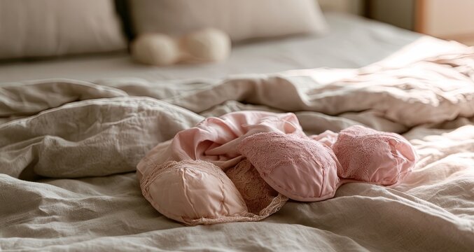 Soft, lacy undergarments rest on a rumpled linen bed, bathed in gentle light