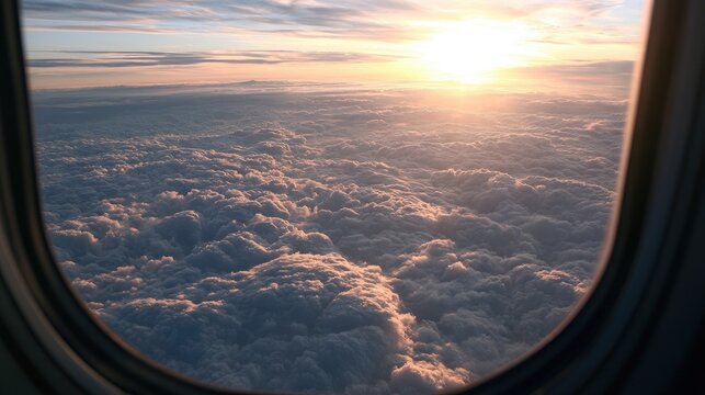 Sunbeams pierce fluffy clouds from an airplane window, illuminating a tranquil sky