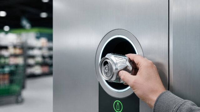 Hand recycling crushed aluminum can in reverse vending machine cool tones green accent
