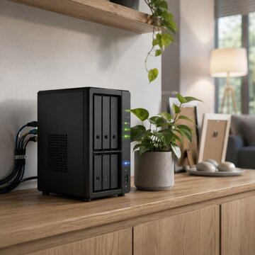 Black network storage server on wooden cabinet in home interior