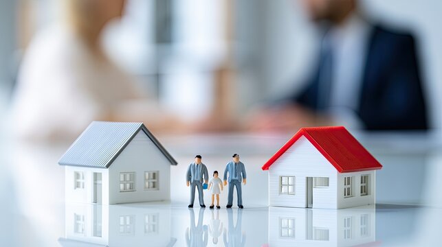 Miniature figures of a family stand between two model houses