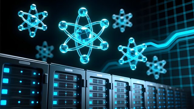 Quantum computing server room with glowing blue atoms, futuristic data center hardware, high tech network infrastructure for cloud storage