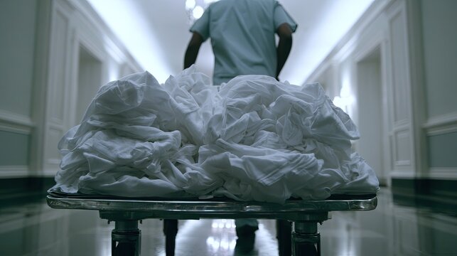 Overloaded laundry cart pushed down a long, dimly lit hallway
