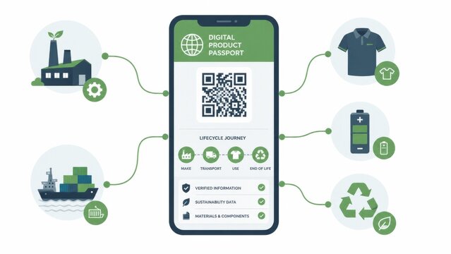 Digital Product Passport Concept Smartphone QR Code Lifecycle Icons Factory Shipping Shirt Battery Recycling Isolated