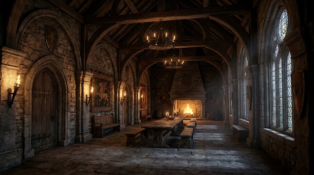 Gothic cathedral interior with candlelit ambiance.