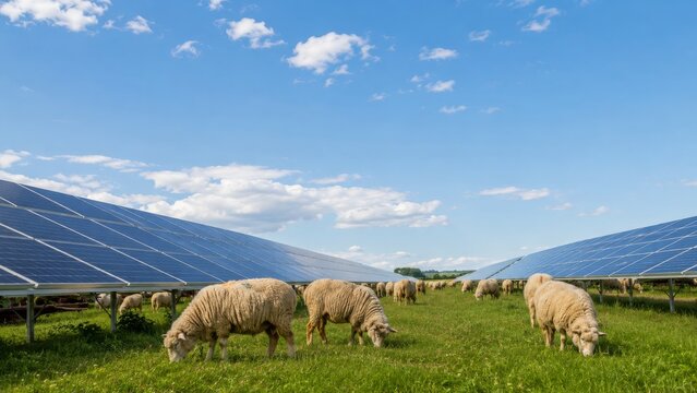 Sheep graze among solar panels under a big blue sky wide pastoral view