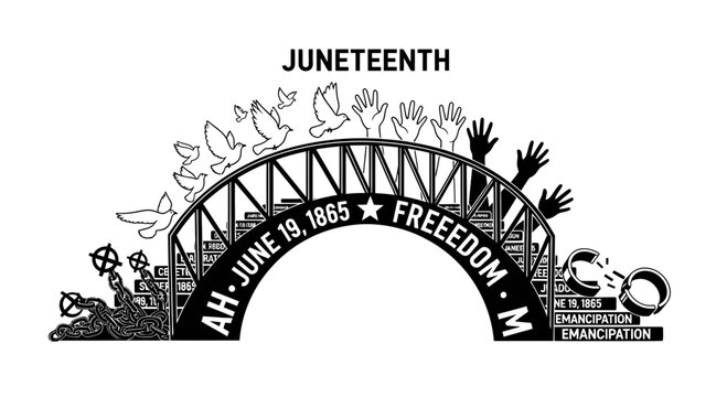 Juneteenth Celebration Illustration with Bridge and Freedom Symbols
