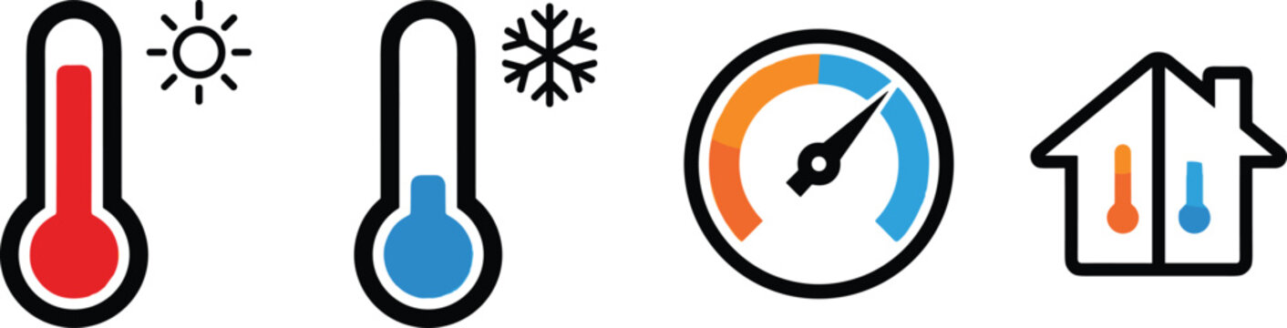 Thermometer Climate Control Icon Set with Hot Sun Cold Snowflake Circular Gauge Meter and Indoor House Temperature Symbols for Smart Home Apps