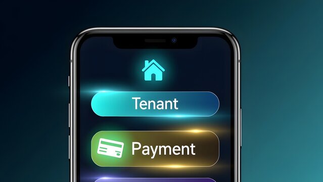 Mobile tenant payment application interface, smartphone screen showing rent payment buttons, digital real estate management app on phone