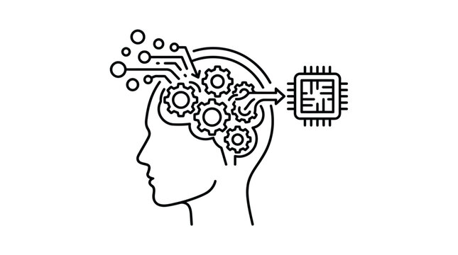 Symbolic illustration of a human profile with mechanical gear brain processing circular input data into structured square output representing cognitive logic and machine learning.