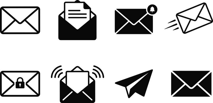 Email Envelope Icon Set with Open Letter Incoming Notification Alert Secure Padlock Paper Plane and Flying Message Symbols for Website Communication
