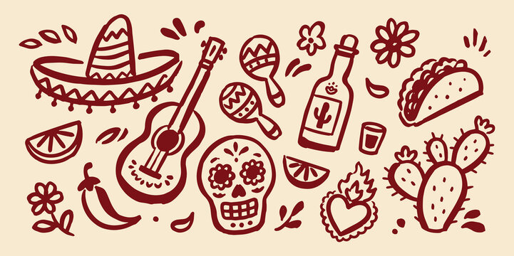 Sombrero Guitar Maracas Taco Cactus Doodle Set Vector Illustration