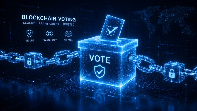 Blockchain voting system concept, secure digital ballot box with glowing blue chains, transparent electronic election technology for trusted democracy
