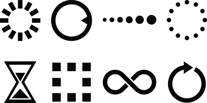 Loading Spinner Icon Set with Circular Progress Bar Dots Hourglass Infinity Loop and Refresh Arrow Symbols for Digital App UI Design