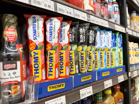 PENANG, MALAYSIA - MAY 25, 2026: Thomy mustard tubes displayed on supermarket retail shelf.