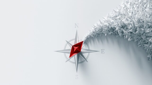 Geometric red compass points direction amidst sharp, crystalline white flow