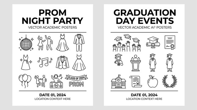 Sophisticated Prom Night Party Invitation Template Set Featuring Academic Poster Vector Illustration Layout with Elegant Typography and Decorative Graphics for School Dance Celebration Events