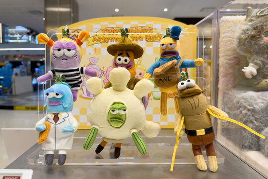 PENANG, MALAYSIA - JUL 03, 2026: SpongeBob SquarePants Bikini Bottom Buddies plush toy display inside Pop Mart retail store.