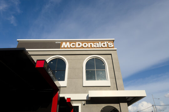 PENANG, MALAYSIA - JUL 05, 2026: McDonald's Ayer Itam restaurant exterior with modern architecture under blue sky