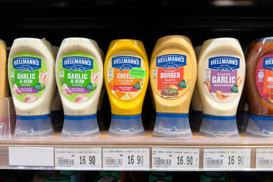 PENANG, MALAYSIA - JUL 06, 2026: Hellmann's sauce and mayonnaise selection displayed on supermarket retail shelf.