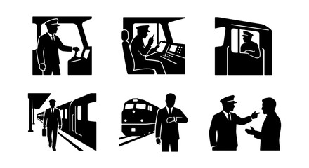 Train Driver Icons, Railway Operator Silhouettes, Transportation Professionals Set © Riadul