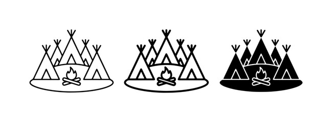 Campfire Tipi Village Icons, Outdoor Adventure, Native American Style © Niloy