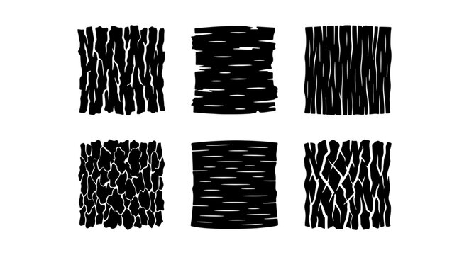 Six Black and White Bark Texture Vector Patterns, Natural Wood Grain