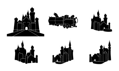 Castle Silhouettes, Vintage Train Vector Icons, Fantasy Architecture Set © Niloy