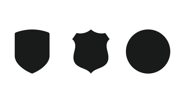 Three black shield and circle shapes flat silhouette