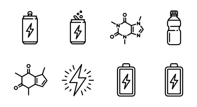 Energy Drink Icons, Caffeine Molecule, Battery Power Symbols, Vector Set