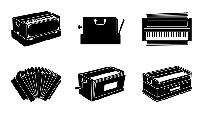 Vintage Musical Instruments Icons, Harmonium, Accordion, Keyboard Vector Set