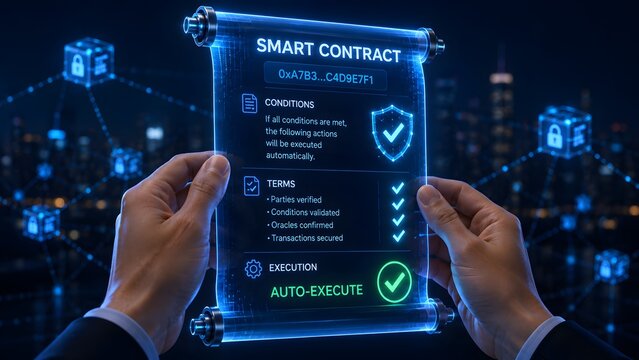 Smart contract digital scroll held by businessman, blockchain technology interface with glowing blue icons, secure automated legal agreement concept