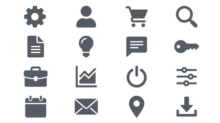 Fototapeta premium Industrial Style Icons Set Minimalist Gray Gear User Shopping Cart Magnifying Glass Document Lightbulb Speech Bubble Key Briefcase Chart Power Button Network Calendar Email Location Pin Download Arrow