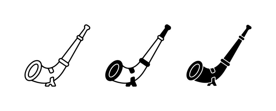 Alphorn Icons: Outline, Filled, Silhouette. Traditional Swiss Music Instrument.
