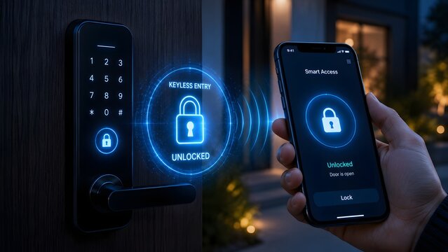 Smart home digital door lock with keyless entry, mobile phone app unlocking house security system, futuristic electronic keypad access