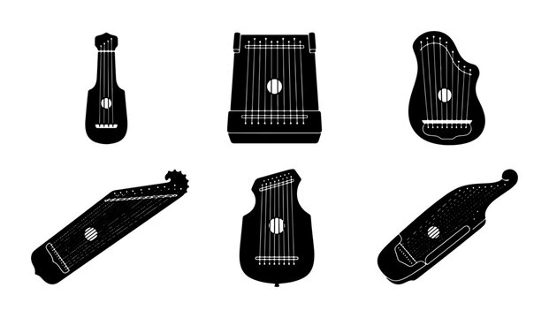 Zither Collection, String Instruments, Musical Devices, Vector Icons