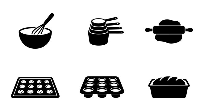 Baking Icons: Whisk, Measuring Cups, Rolling Pin, Cookie Sheet, Muffin Pan, Loaf Pan