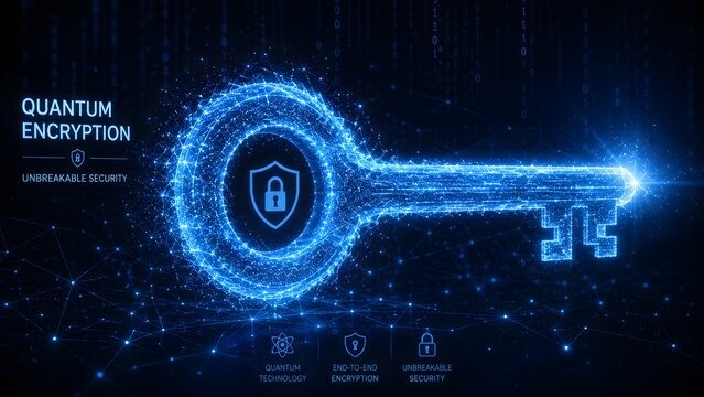 Quantum encryption digital key, glowing blue cyber security concept, unbreakable data protection technology, futuristic network safety background