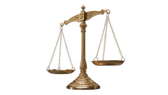 Ornate golden balance scale with detailed engravings, isolated on transparent background
